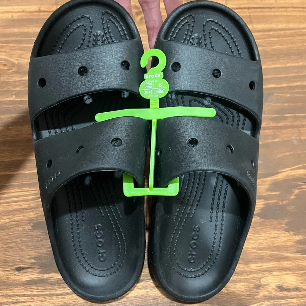CROCS Classic Logo Women 9 / Men 7 Black Double Straps Slides Sandals NWOT - Picture 1 of 8